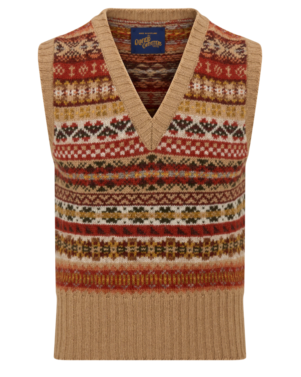 A knit sweater vest with a V-neck and a colorful Fair Isle pattern in red, brown, beige, and white, shown against a plain white background.