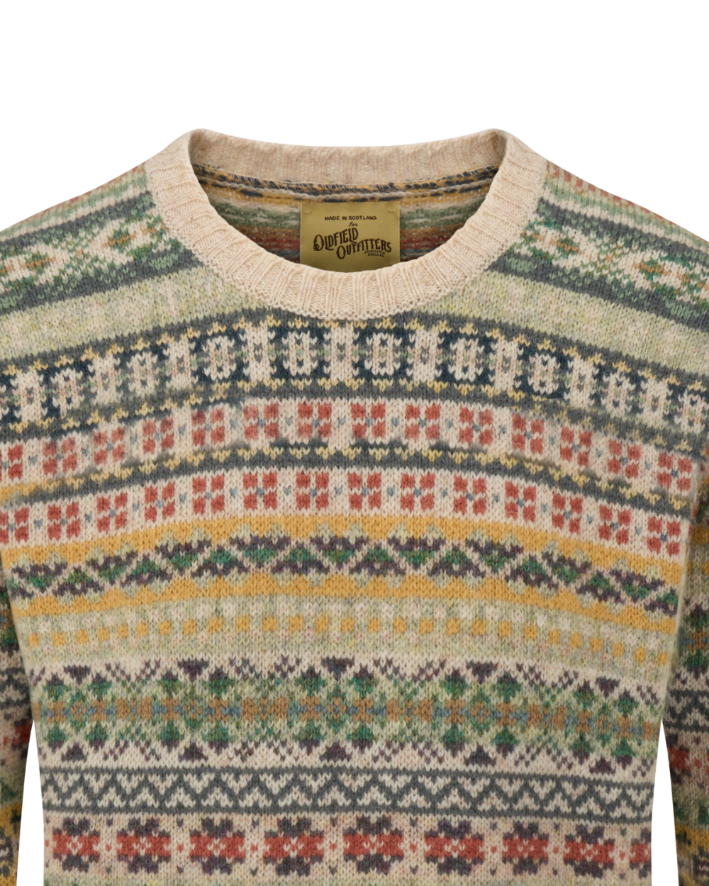 A long-sleeve crewneck knit sweater with a multicolor Fair Isle pattern on a beige ribbed base, shown against a plain white background.