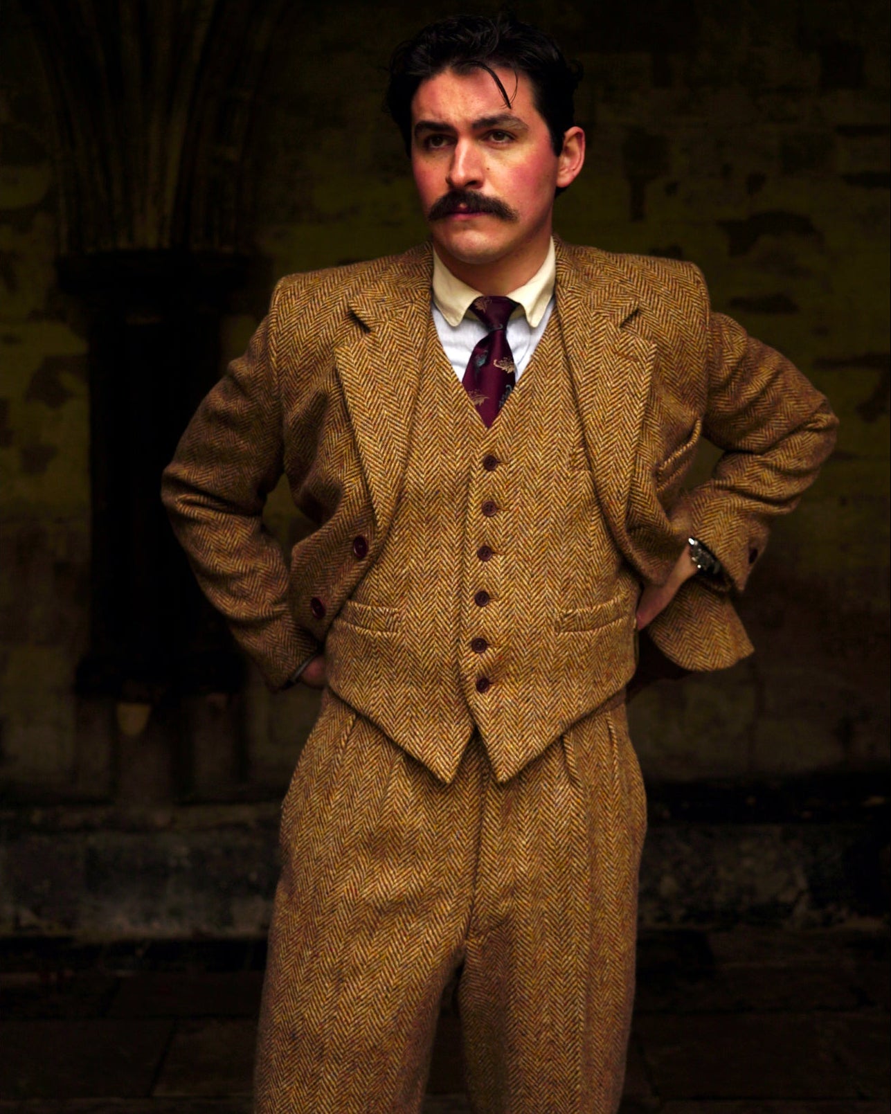 Vintage three piece suit for men based on vintage 1935 tweed suit pattern. Pleated trousers, waistcoat and jacket