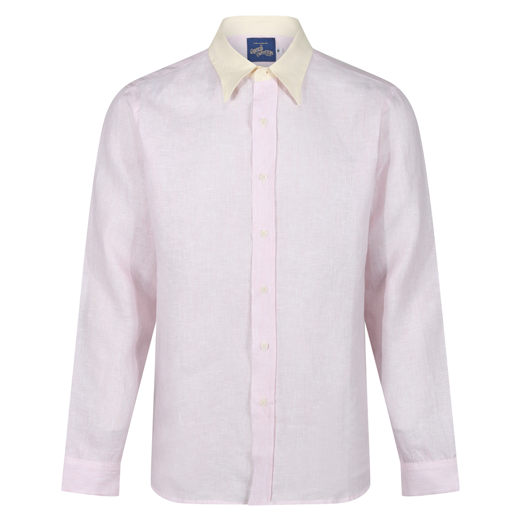 1930s LINEN SHIRT SPEAR POINT COLLAR - PINK & WHITE STRIPE
