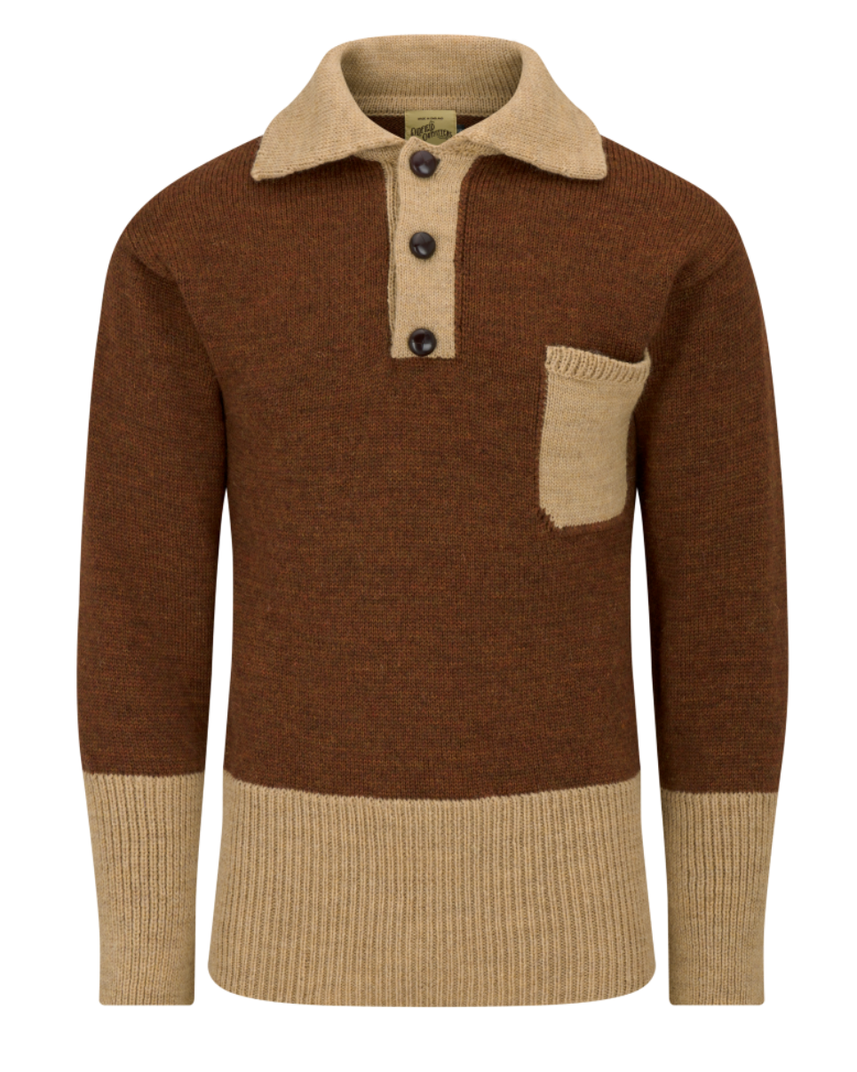 1920s BIKER SWEATER IN CINNAMON BROWN/OATMEAL