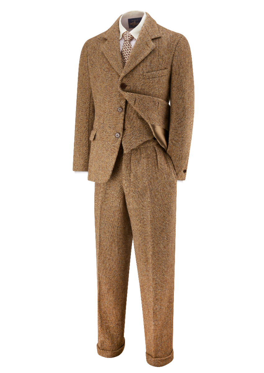 Jacket, waistcoat and high-waisted trousers suit. Beautiful brown tweed. Made in England.