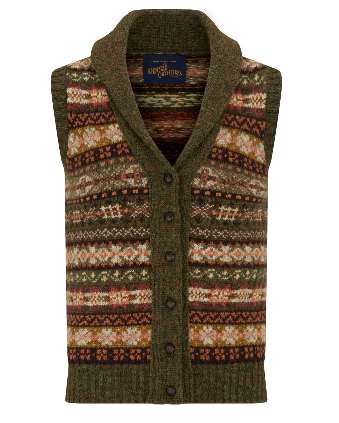 1930s ladies green shawl neck Fair Isle patterned sleeveless cardigan.