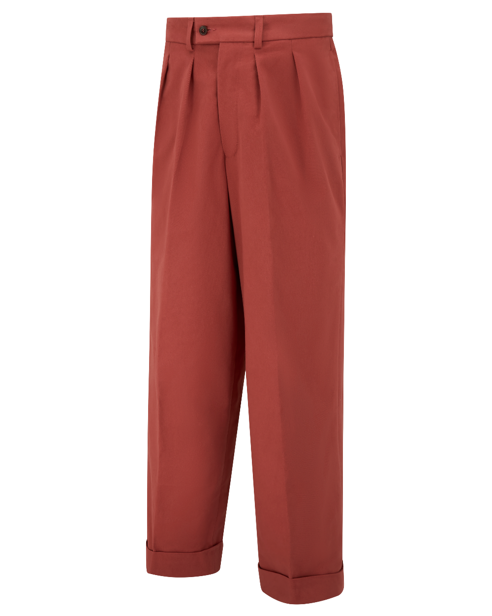 A pair of pleated trousers in a warm terracotta or rust red color, shown flat against a solid white background.