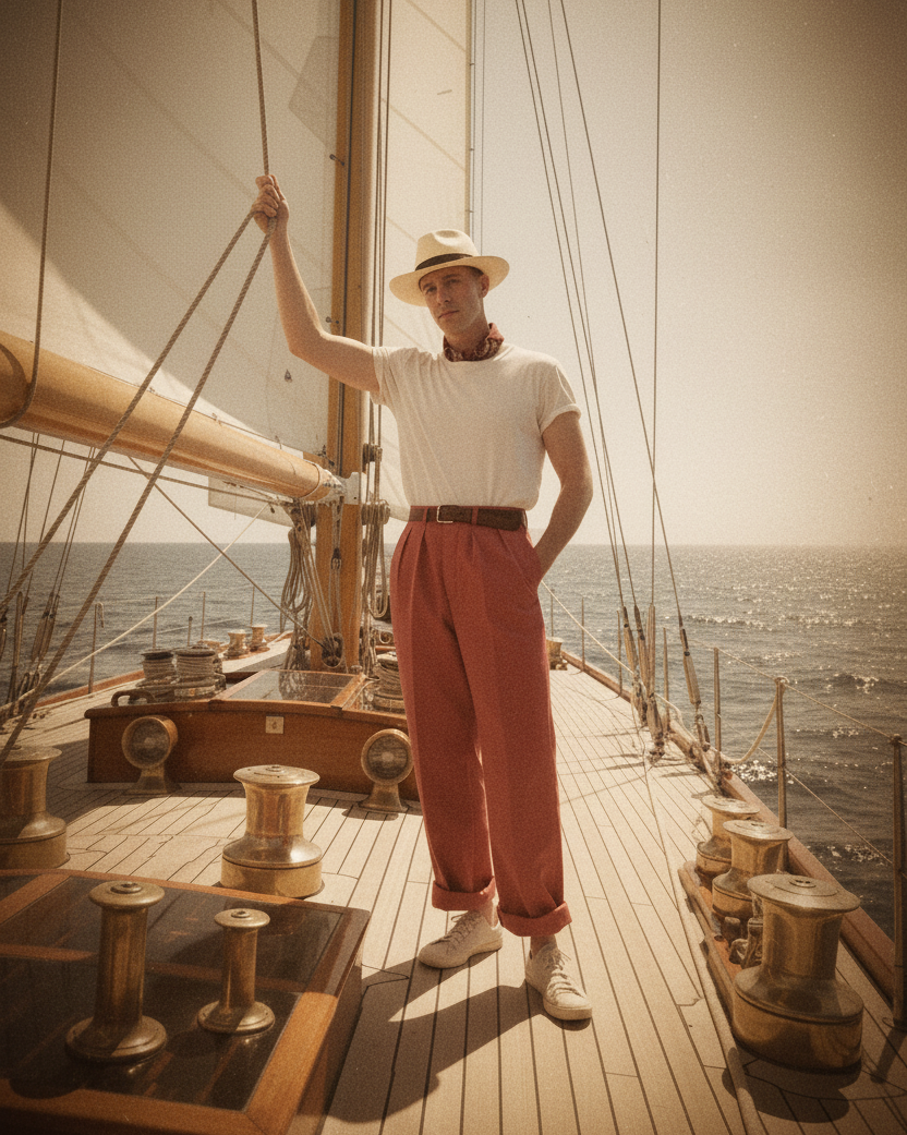 A man stands on the deck of a sailing ship wearing a white short-sleeve t-shirt, rust-red wide-leg trousers, white sneakers, and a straw hat. The background features a warm sepia-toned ocean and sky.