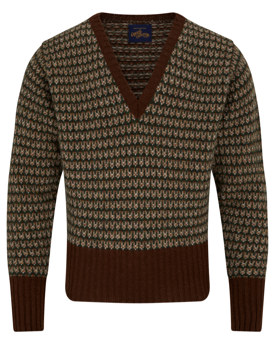 Brown welts and cuff with green and cream pattern wool mens vintage sweater