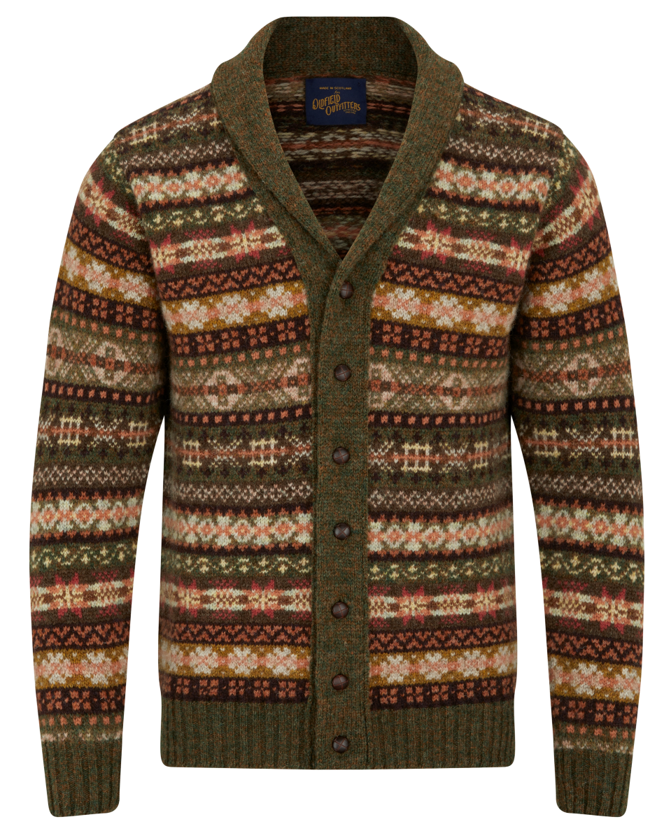 Vintage green and brown shawl neck cardigan made in Shetland Isles