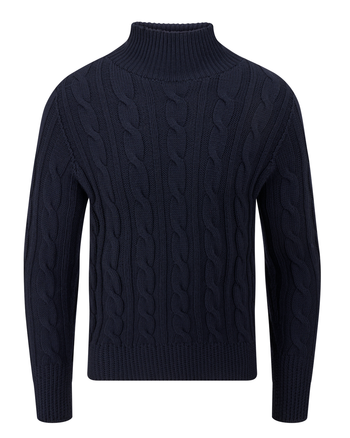 NAVY CABLE ROLL NECK SWEATER