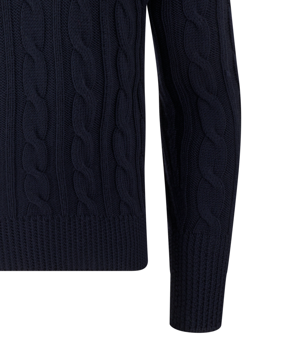 NAVY CABLE ROLL NECK SWEATER