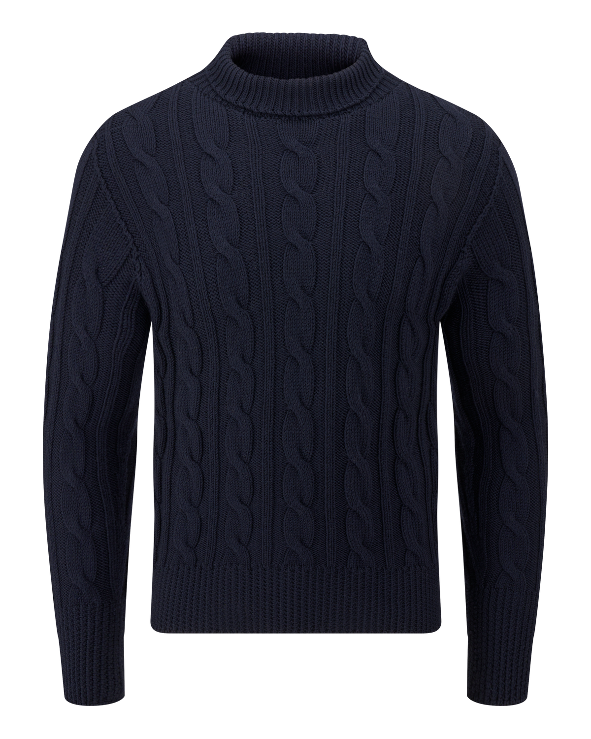 NAVY CABLE ROLL NECK SWEATER