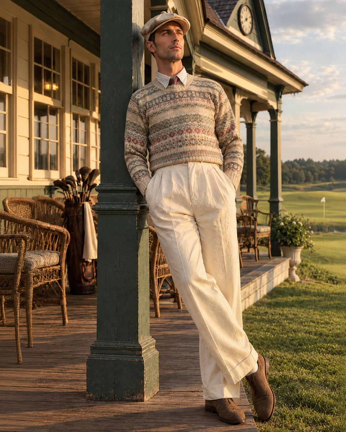 A man stands on a porch wearing a cream and brown patterned knit sweater, off-white trousers, brown shoes, and a beige cap, with a house and golf course in the background.