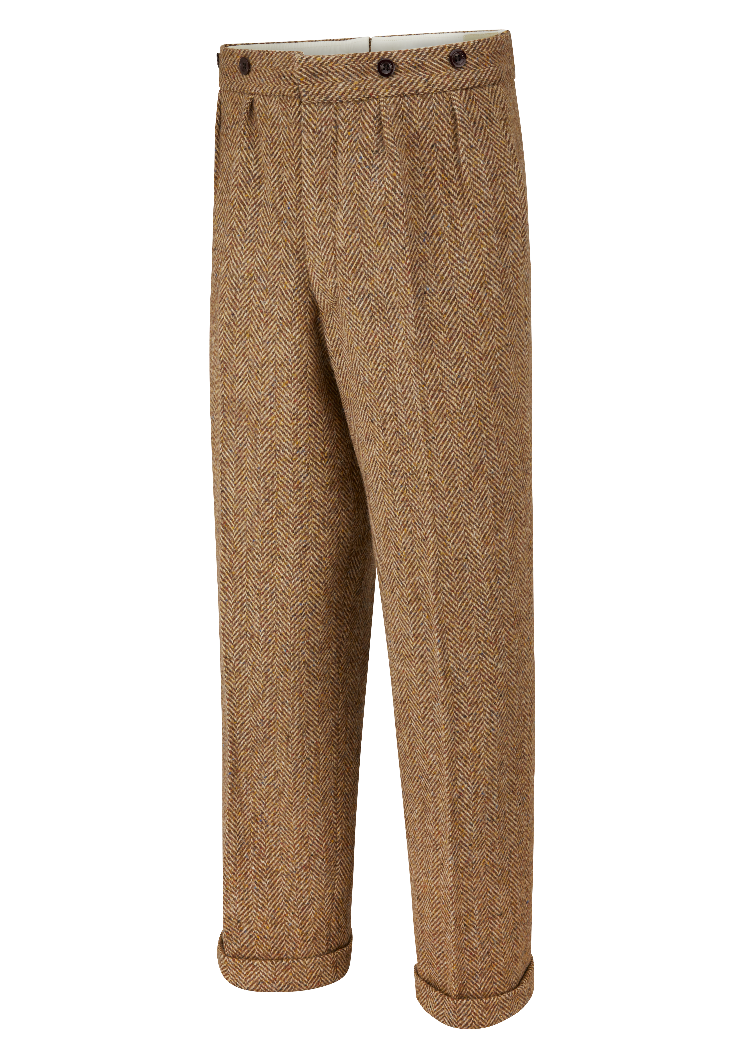 Herringbone tweed trousers, with brace buttons, made in England.