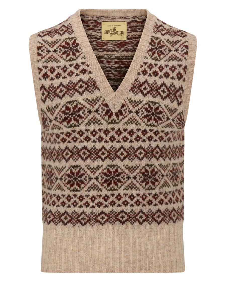 A cream and brown Fair Isle knit sweater vest with a V-neck, shown flat against a white background.
