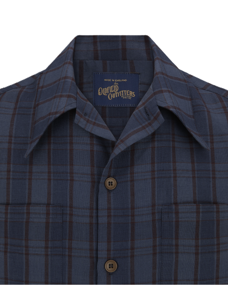 Blue plaid check shirt from Oldfield Outfitters, button up front, front pockets and vintage collar.