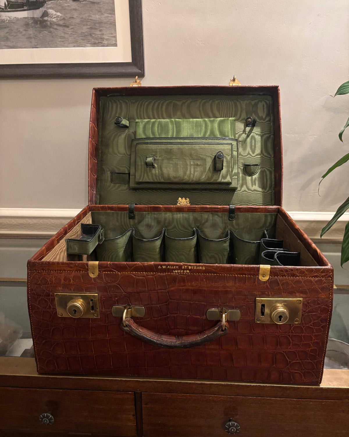 Crocodile Vanity Case with green silk lining