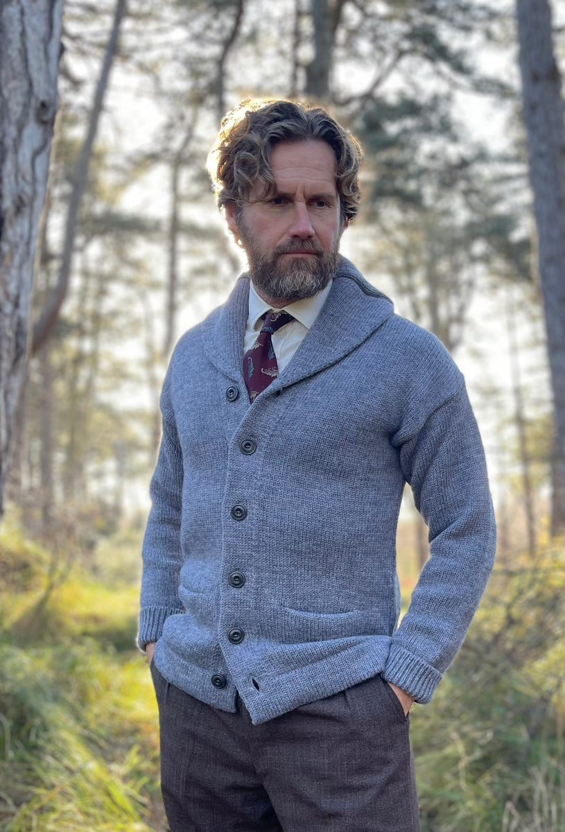 1920s Men's Shawl Collar Heavy Weight Cardigan in Seal Grey 1920s Men's Shawl Collar Heavy Weight Cardigan in Seal Grey