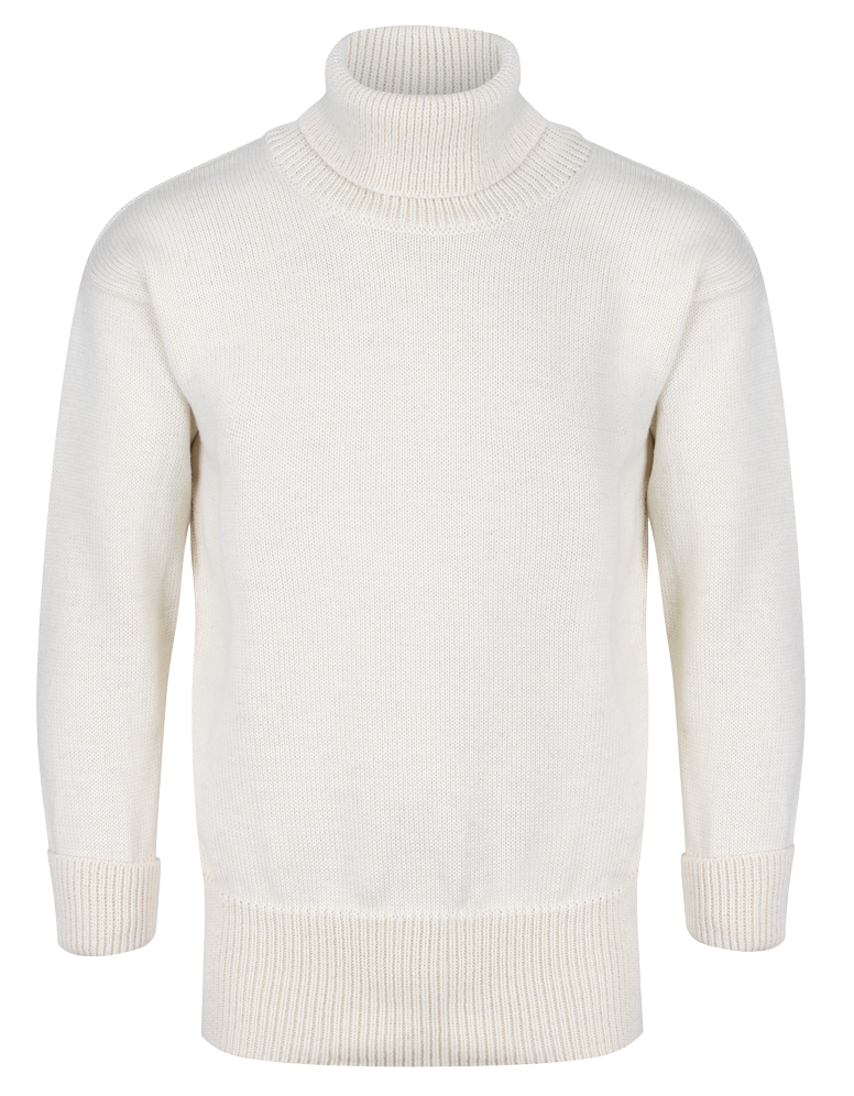 A vintage-style submariner polo neck sweater in ecru color with a ribbed cuff and classic nautical roll-neck.