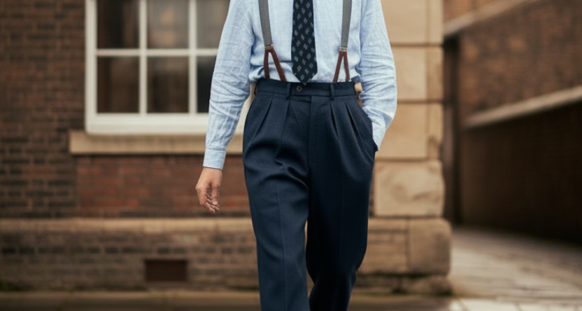 A man wearing a brown fedora, light blue dress shirt, navy tie, brown suspenders, and navy pleated trousers walks along a cobblestone street in front of a brick building.