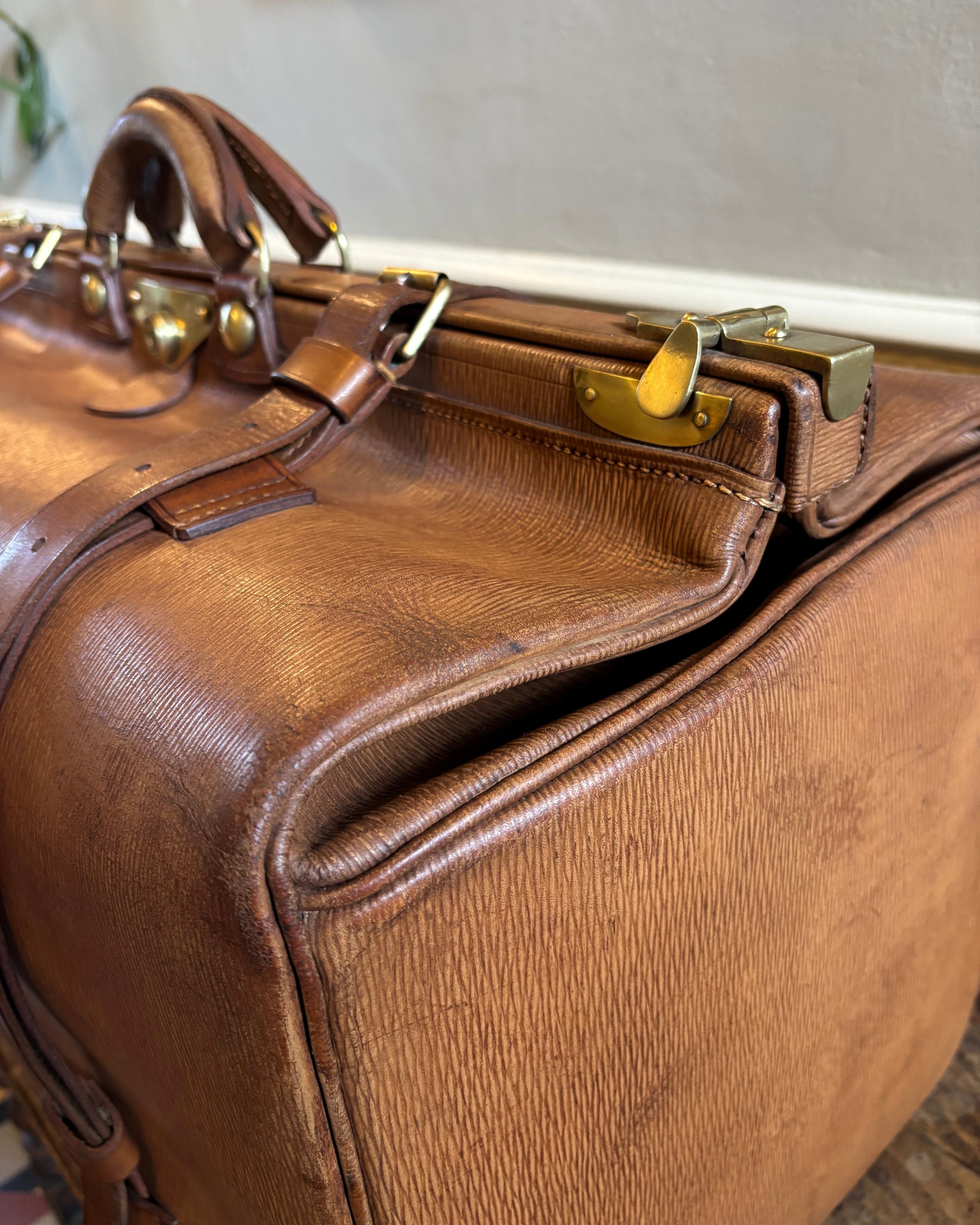 Close up of Vintage 1930s Leather Gladstone Kit bag in perfect condition.