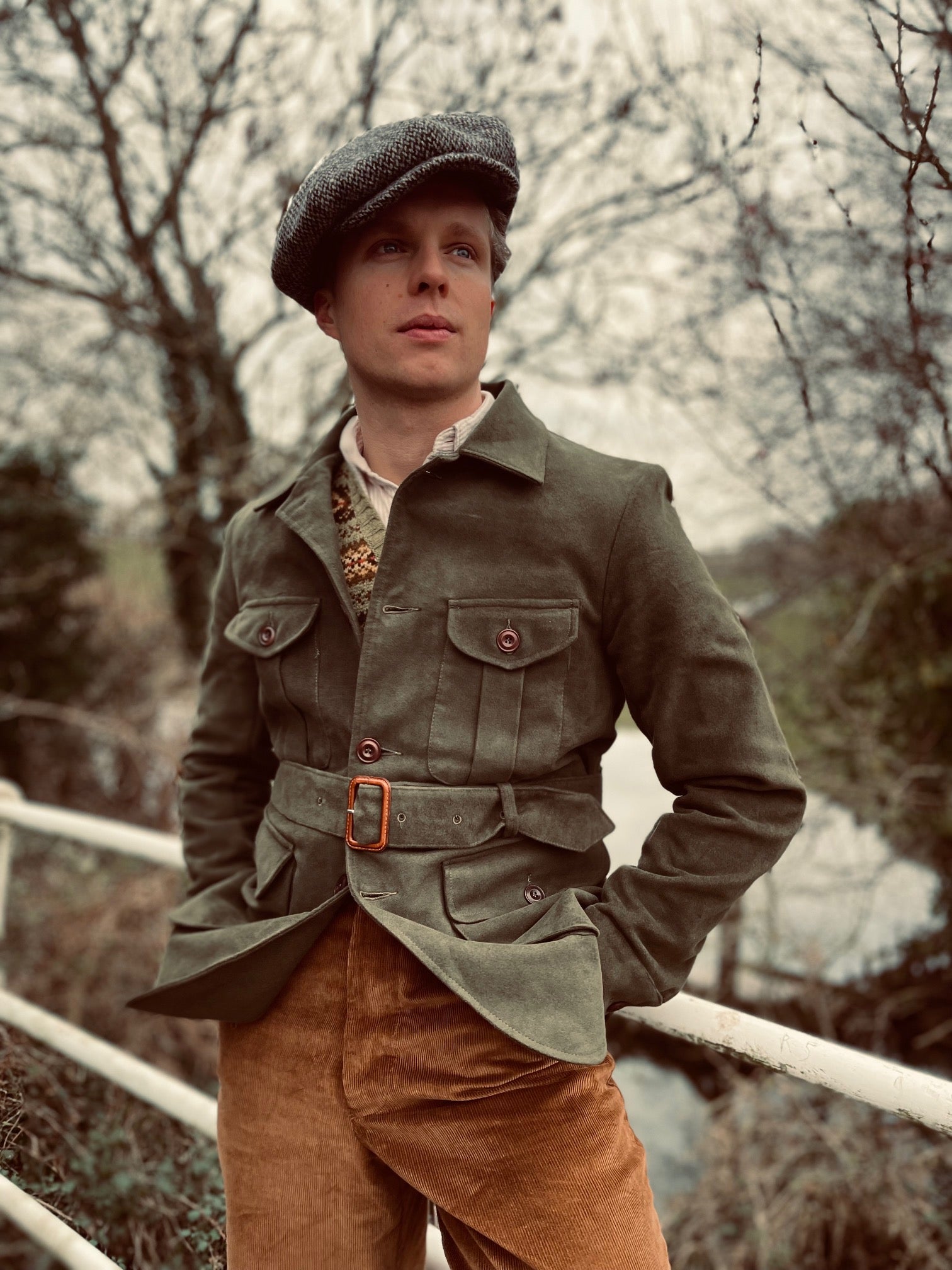 1940s Safari Field Jacket in Olive Green Moleskin