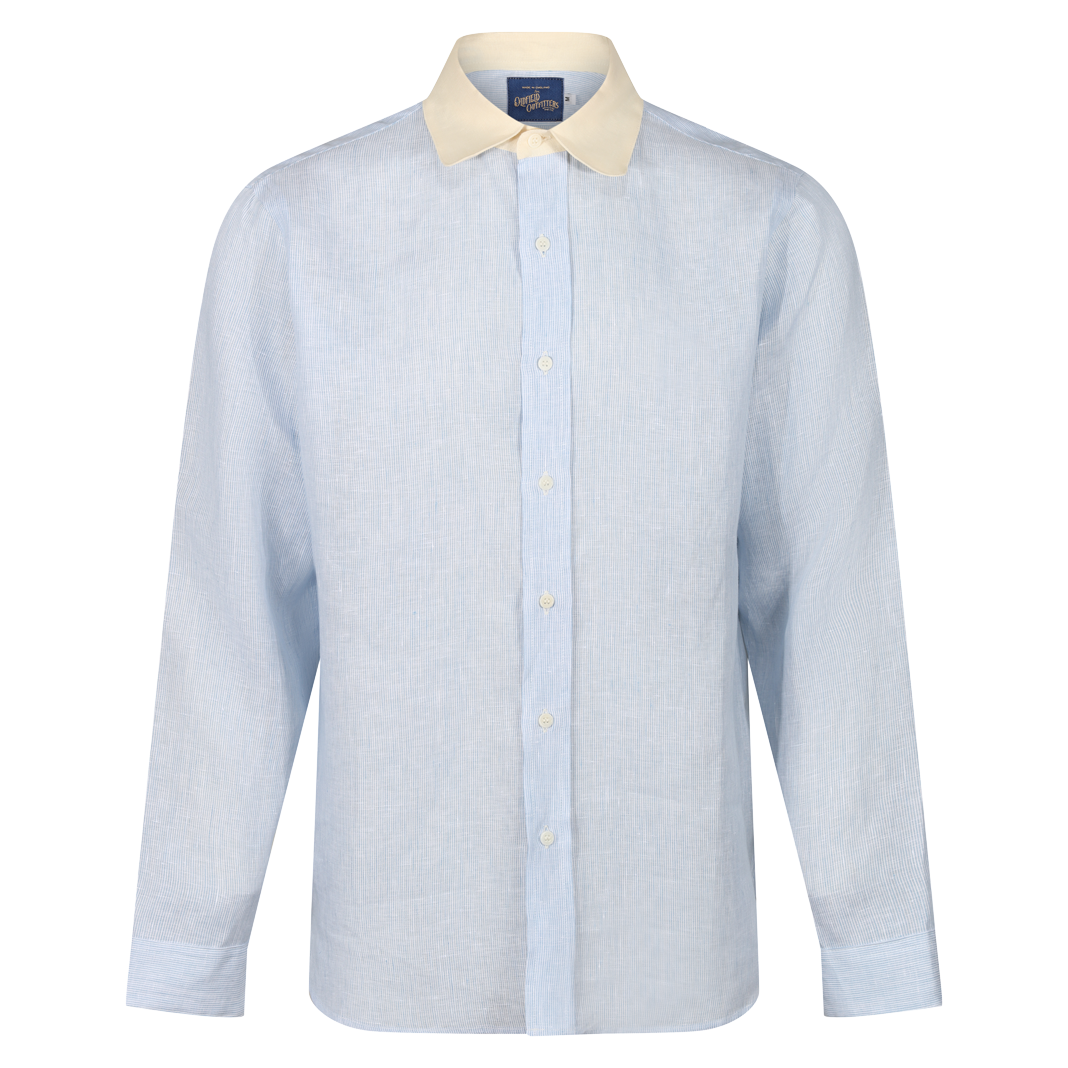 1930s LINEN SHIRT ROUND CUTAWAY COLLAR - BLUE & WHITE STRIPE