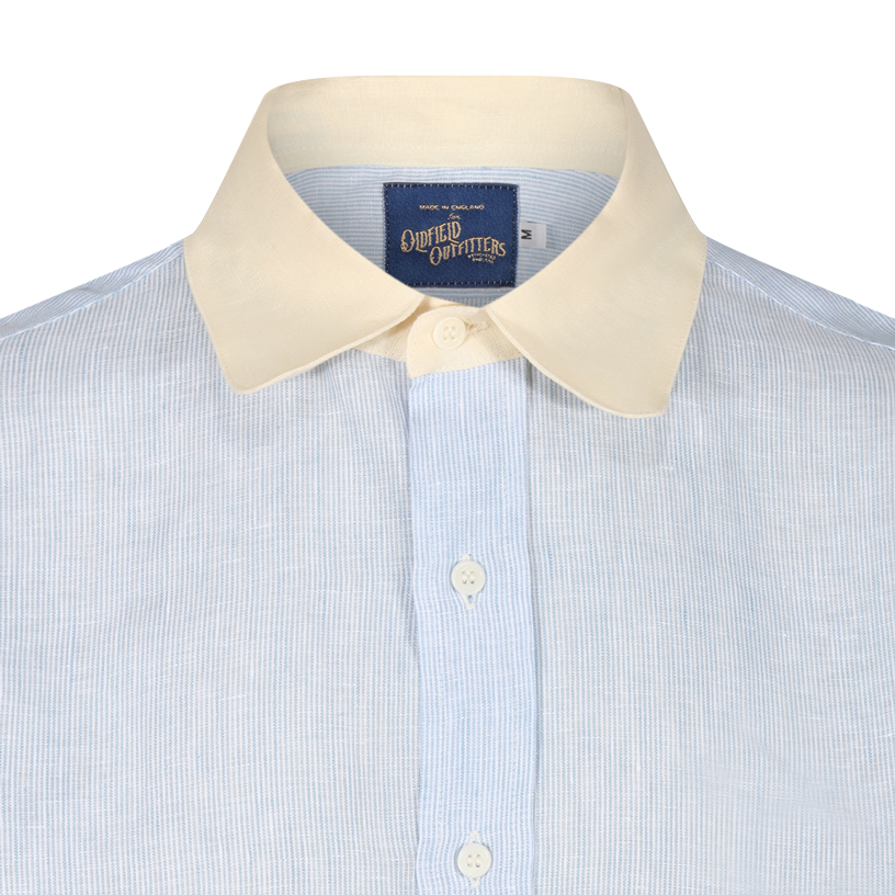 1930s LINEN SHIRT ROUND CUTAWAY COLLAR - BLUE & WHITE STRIPE Oldfield Outfitters 1930s LINEN SHIRT ROUND CUTAWAY COLLAR - BLUE & WHITE STRIPE Oldfield Outfitters