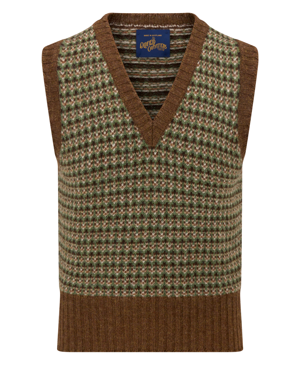 A knit sweater vest with a brown ribbed V-neck, cuffs, and hem, featuring a textured geometric pattern in brown, olive green, and beige across the body.