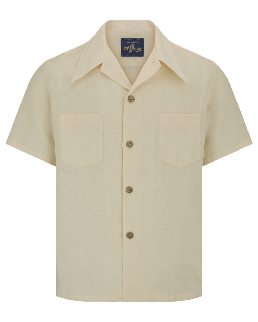 Ecru cream coloured short sleeved linen shirt, made in England, with vintage collar detail