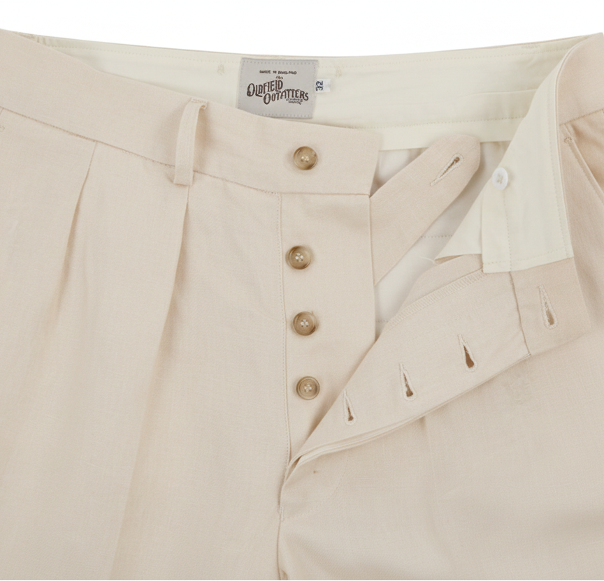 Details of 1930s trousers with button fly