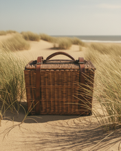 Antique vintage wicker Drew & Sons "En-Route" Picnic basket with contents.