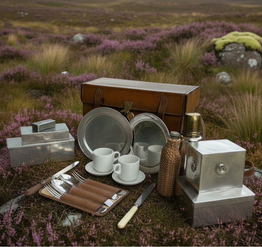 Vintage Picnic setup with plates, cups, and cutlery on a grassy field with purple flowers.