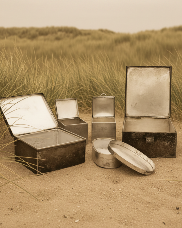 Set of vintage metal boxes on a sandy beach with grass in the background