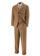Jacket, waistcoat and high-waisted trousers suit.  Beautiful brown tweed.  Made in England.