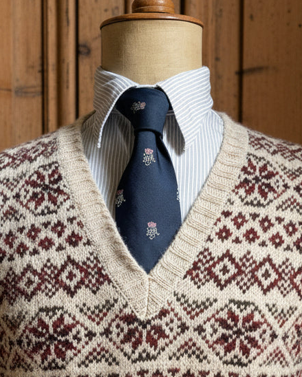 A close-up of a knit V-neck sweater displayed on a mannequin torso, layered over a white striped dress shirt and a navy tie with small floral motifs. The sweater has a cream base with burgundy and dark gray Fair Isle style patterns.