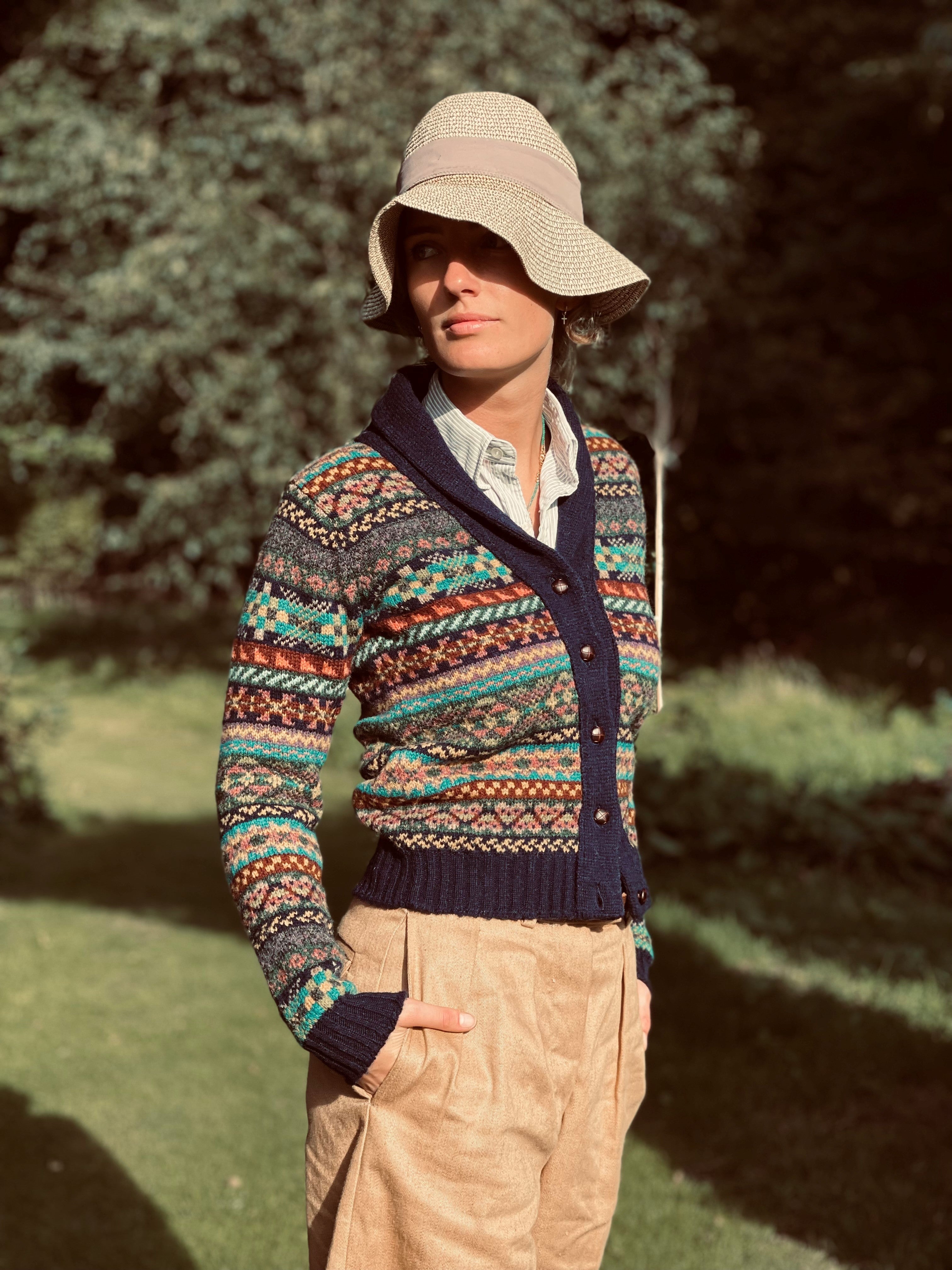 LADIES FAIR ISLE SHAWL NECK CARDIGAN - "THE HAWORTH"