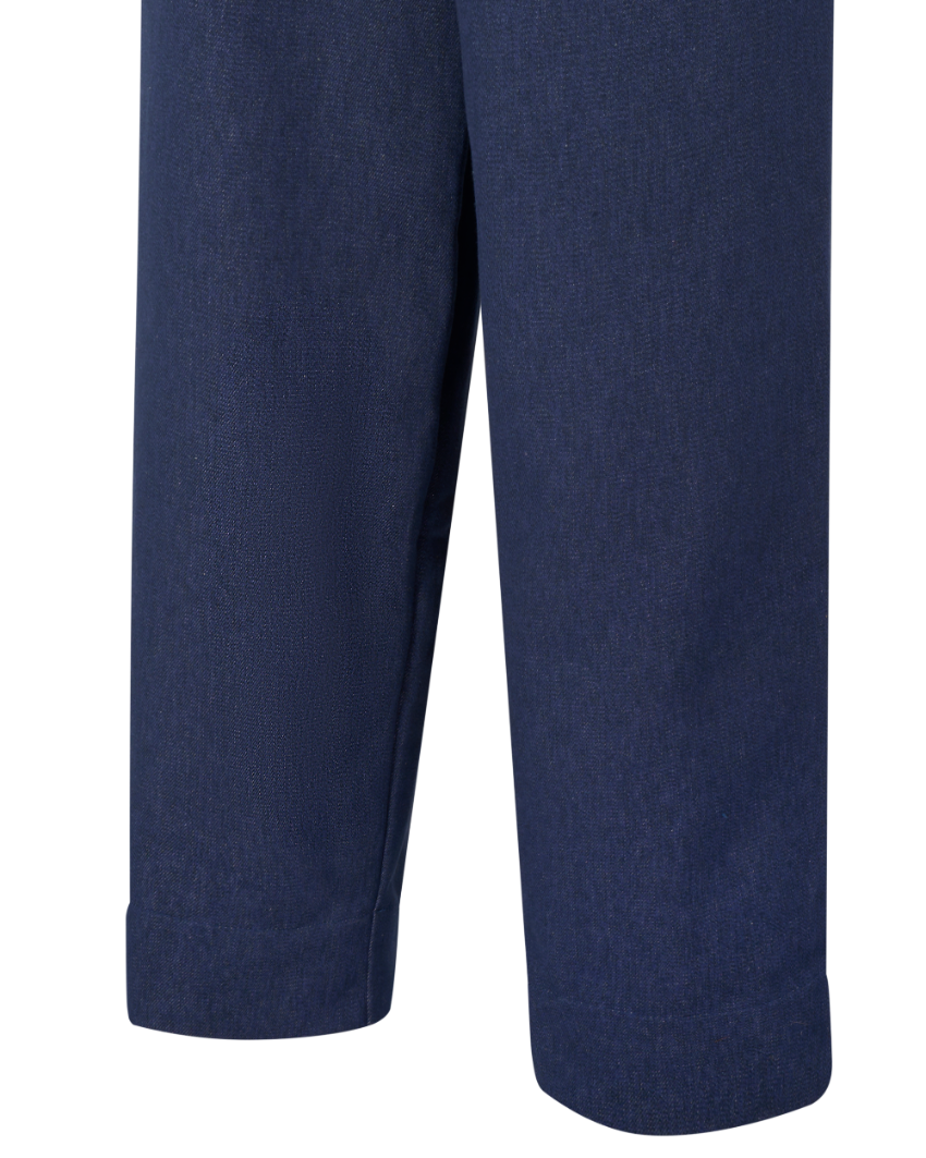 Close-up of navy blue pants showing the fabric texture and rolled cuffs against a white background.