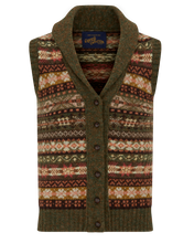 1930s ladies green shawl neck Fair Isle patterned sleeveless cardigan.