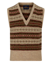 Brown and cream patterned Fair Isle sleeveless tank top with a v-neck.
