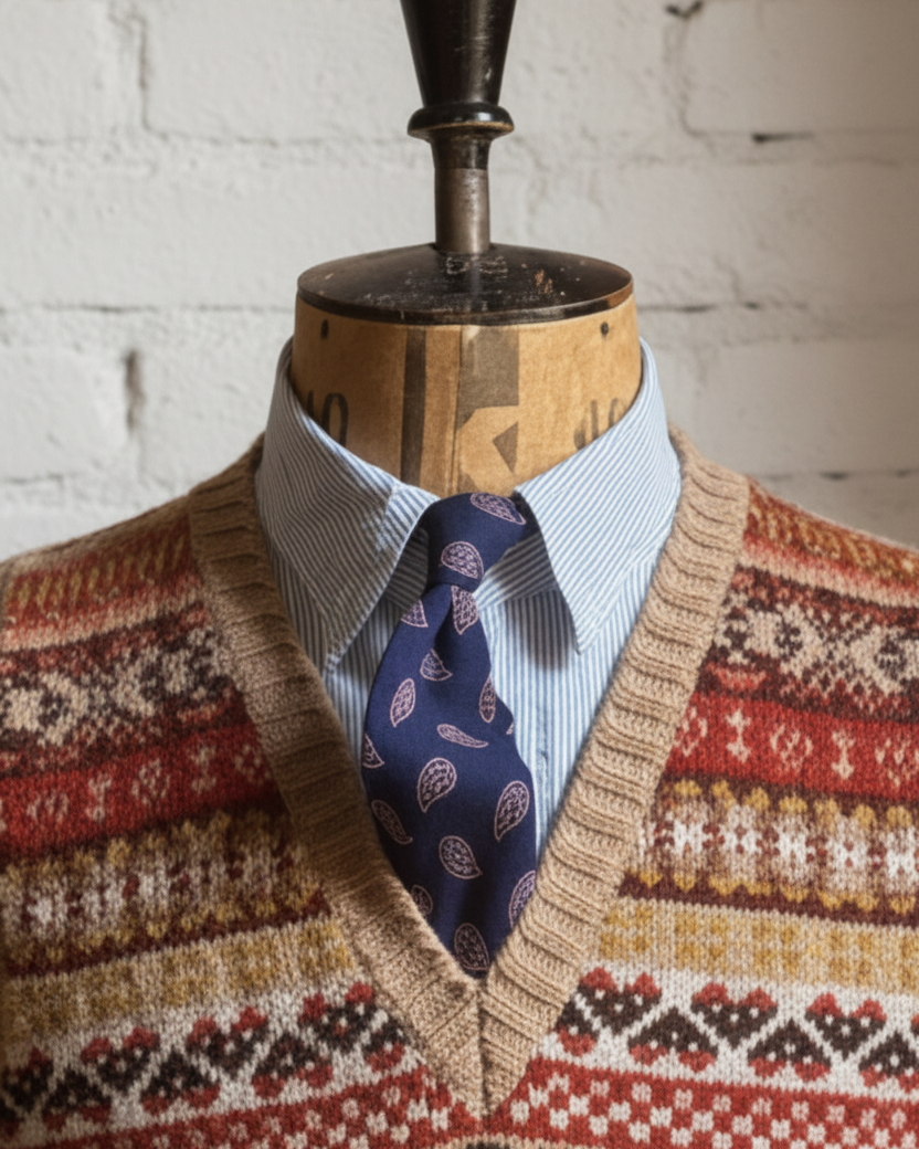Fair Isle sweater being worn in a 1930s style with a shirt and tie