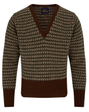 Brown welts and cuff with green and cream pattern wool mens vintage sweater