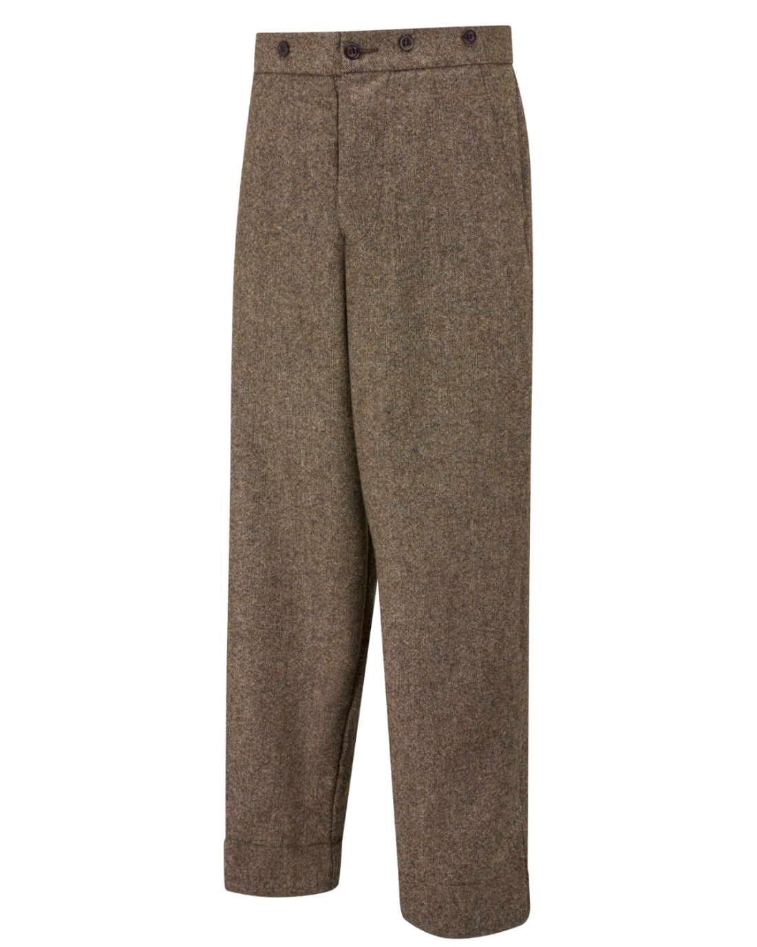 A pair of brown tweed trousers with a high waist, three button closure at the waistband, and a straight-leg silhouette, shown against a plain white background.