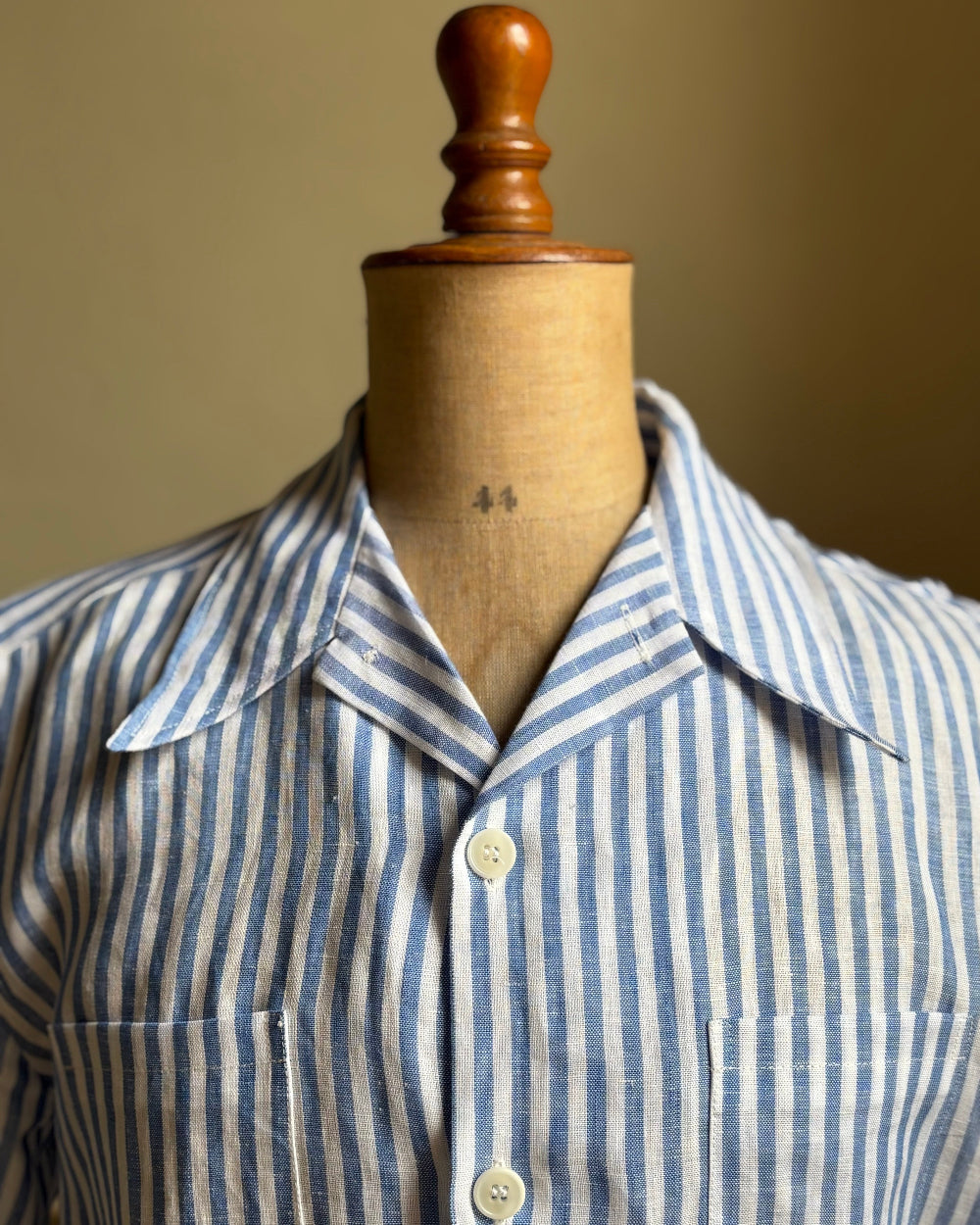 Mens linen blue and white stripe summer short sleeve shirt with buttons down the front