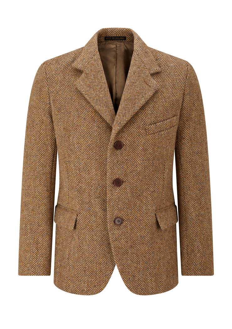 Vintage inspired Brown tweed jacket with three buttons on a white background.