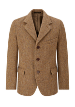 Vintage inspired Brown tweed jacket with three buttons on a white background.