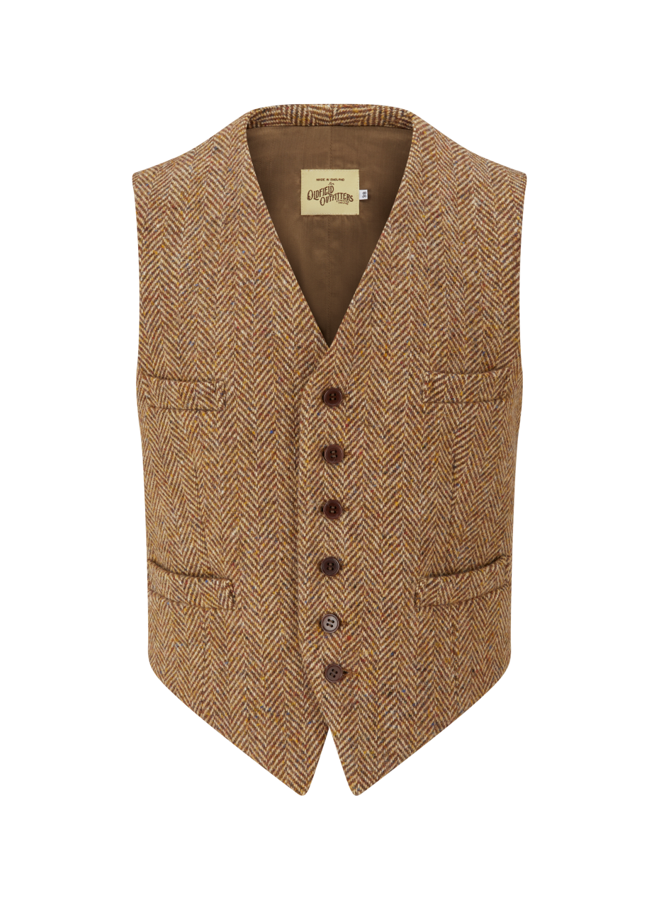 Brown herringbone patterned vest with buttons on a white background