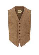 Brown herringbone patterned vest with buttons on a white background
