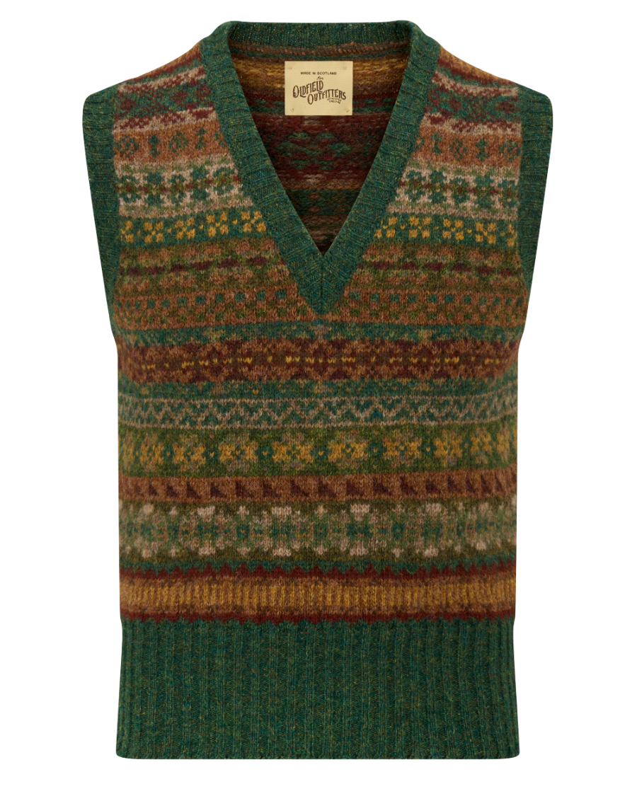 A green V-neck knit sweater vest with a multicolor Fair Isle pattern, featuring horizontal bands of brown, rust orange, and cream geometric motifs, shown against a plain white background.