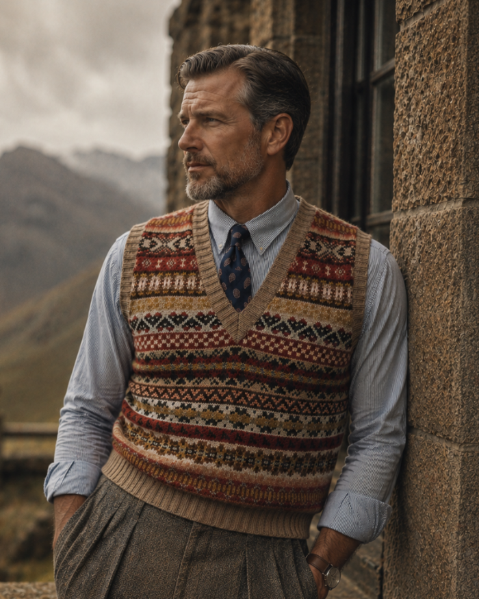 Mens Fair Isle slipover tank top made in Scotland.  1930s design.