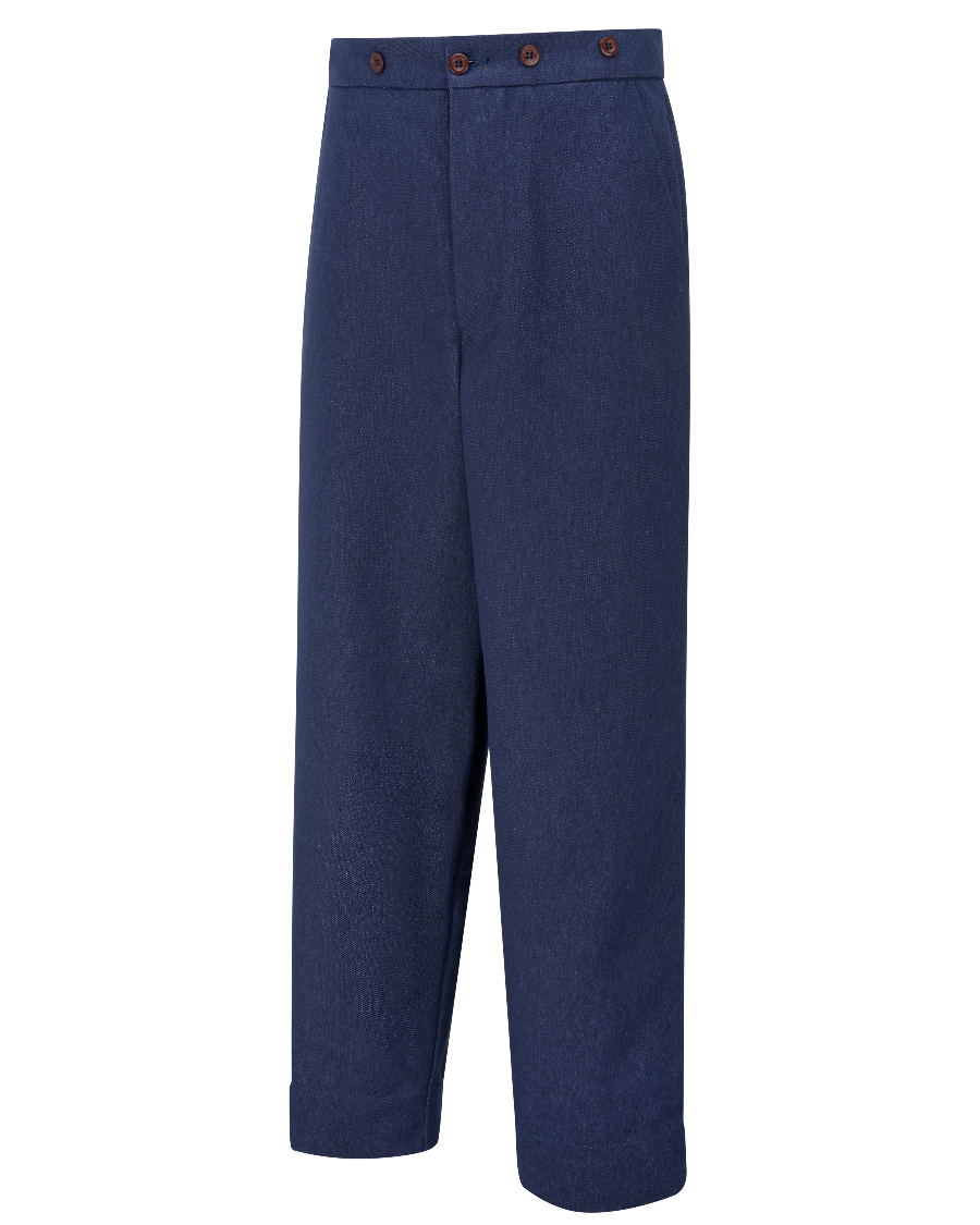 A pair of high-waisted, wide-leg trousers in a textured navy blue fabric, featuring three brown buttons across the front waistband, shown against a plain white background.