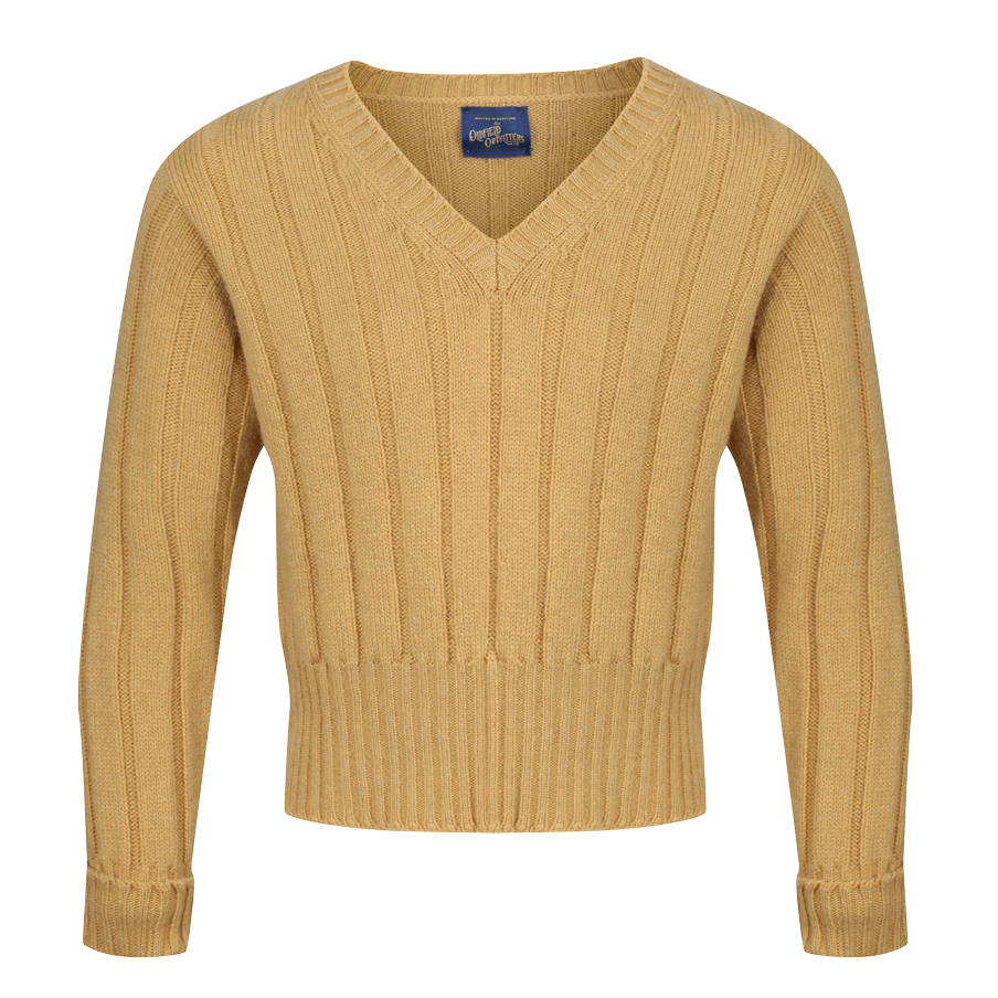 1930s ribbed v neck sweater in wool - colour Flax
